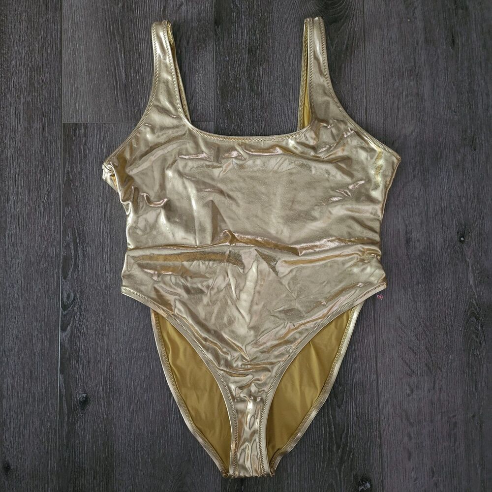 Skims One Piece Swimsuit Women's Size XL Metallic Gold Sleeveless High Cut NWT